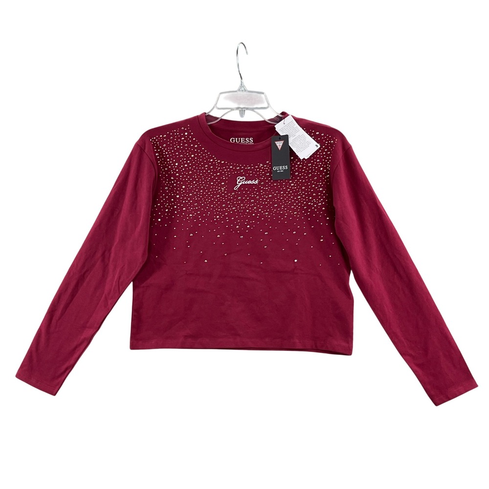 Guess T-Shirt Women 14 Burgundy Rhinestone Stud Long Sleeve Organic Cotton Crop
